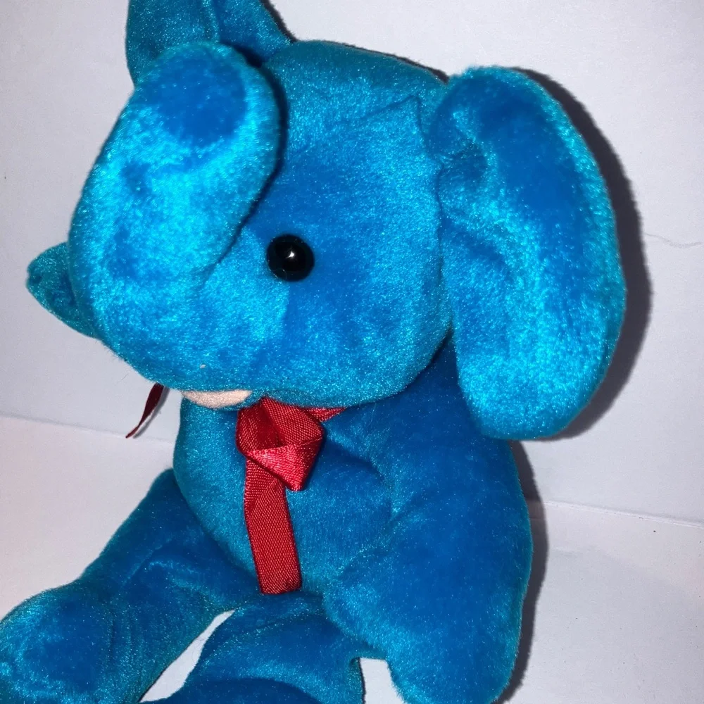 Beanpals Kellytoy Blue Elephant with Red Bow‎ Plush 9”